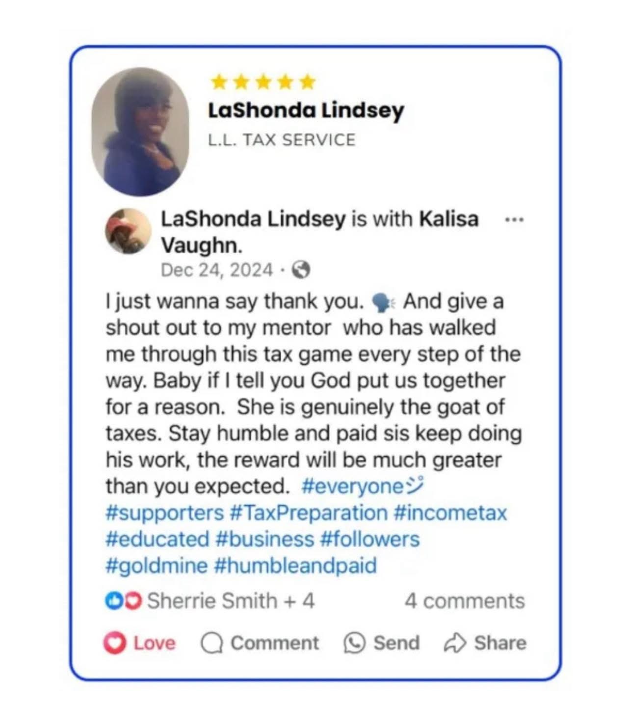 Five-star Facebook review from LaShonda Lindsey of L.L. Tax Service thanking Kalisa Vaughn
