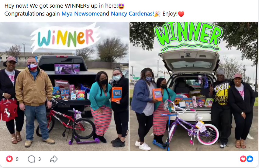 Winners of the annual Christmas toy giveaway with bikes and toys